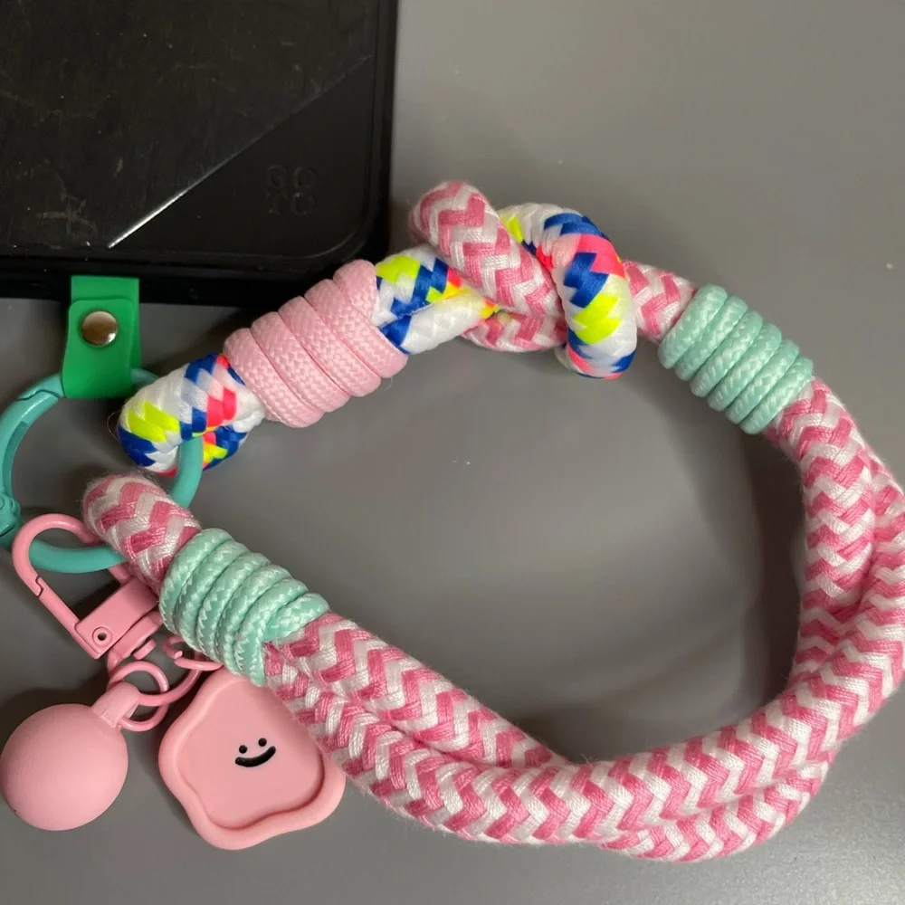 Pink Chevron Rope Phone Wrist Lanyard with Pastel Accents